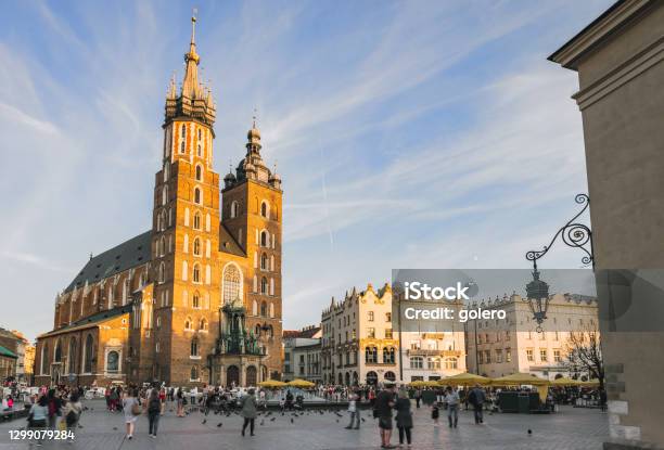 Market Place With Saint Marys Church In Krakow Poland Stock Photo - Download Image Now