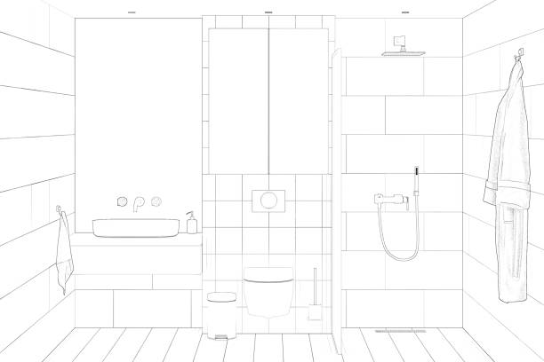 istock Sketch of the bathroom with a large rectangular mirror over a washbasin, a storage cabinet over a built-in toilet, a shower with a partition, a bathrobe. Front view. 1299080012