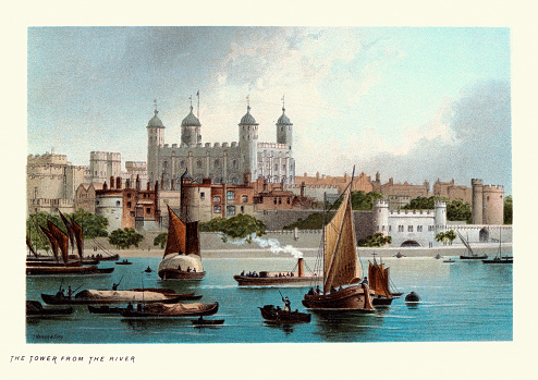 Vintage illustration of Tower of London from the river Thames, Victorian, 19th Century