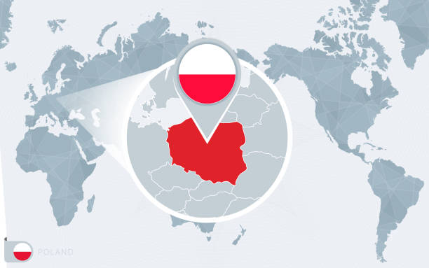 mapa świata skupiona na pacyfiku z powiększoną polską. flaga i mapa polski. - poland stock illustrations