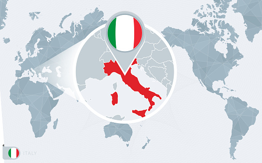 Pacific Centered Världskarta Med Förstorade Italien Flagga Och Karta