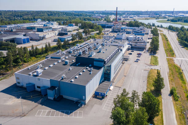 Aerial view of Bayer medicine factory and research center in Turku, Finland TURKU, FINLAND - 27/06/2020: Aerial view of Bayer medicine factory and research center in Turku, Finland in Summer bayer schering pharma ag photos stock pictures, royalty-free photos & images