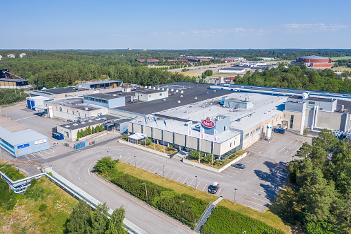 TURKU, FINLAND - 27/06/2020: Aerial view of Eckes-Granini Juice Factory  in Turku, Finland in Summer