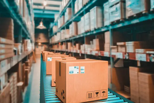 parcels on conveyor belt in a warehouse. 3d render.