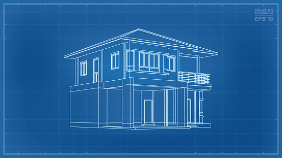 3D perspective wireframe of house exterior. Vector illustration.