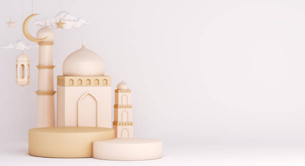 istock Islamic display podium decoration background on white with mosque, lantern, crescent, ramadan kareem, mawlid, iftar, isra miraj, eid al fitr adha, muharram, copy space text area, 3D illustration. 1299085310