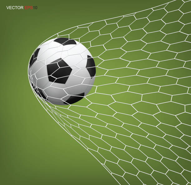 Soccer football ball in goal Soccer football ball in goal and white net. Vector illustration. net sports equipment stock illustrations