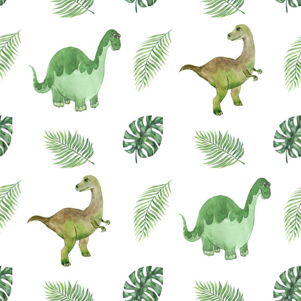 istock Cute dinosaurs in the tropical leaves of monstera and palm trees. Seamless watercolor pattern. 1299085628