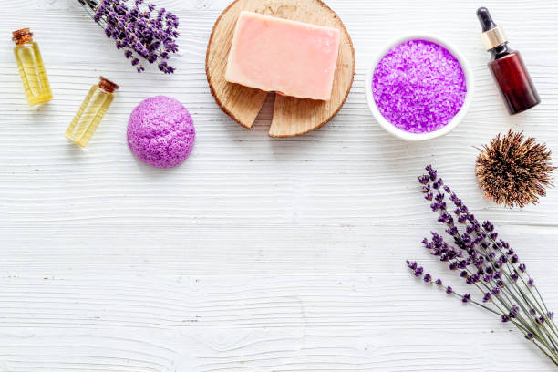 istock Lavender essential oil soap and sea salt, top view 1299086230