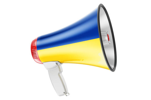 istock Megaphone with Ukrainian flag, 3D rendering  isolated on white background 1299086354