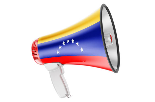 istock Megaphone with Venezuelan flag, 3D rendering isolated on white background 1299086370