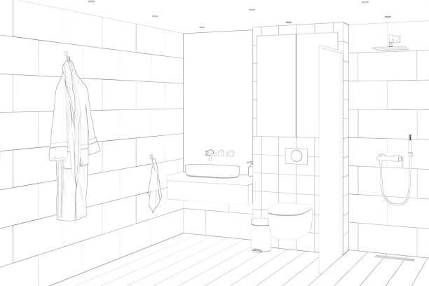 istock Sketch of the bathroom with a bathrobe and a towel near the washbasin, a large rectangular mirror, a storage cabinet above the built-in toilet, a shower with a partition. 1299086498