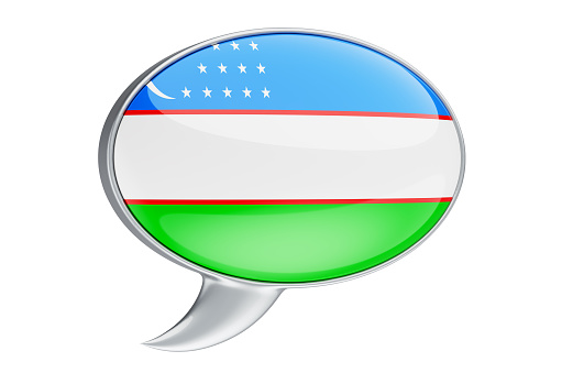 Speech balloon with Uzbek flag, 3D rendering isolated on white background