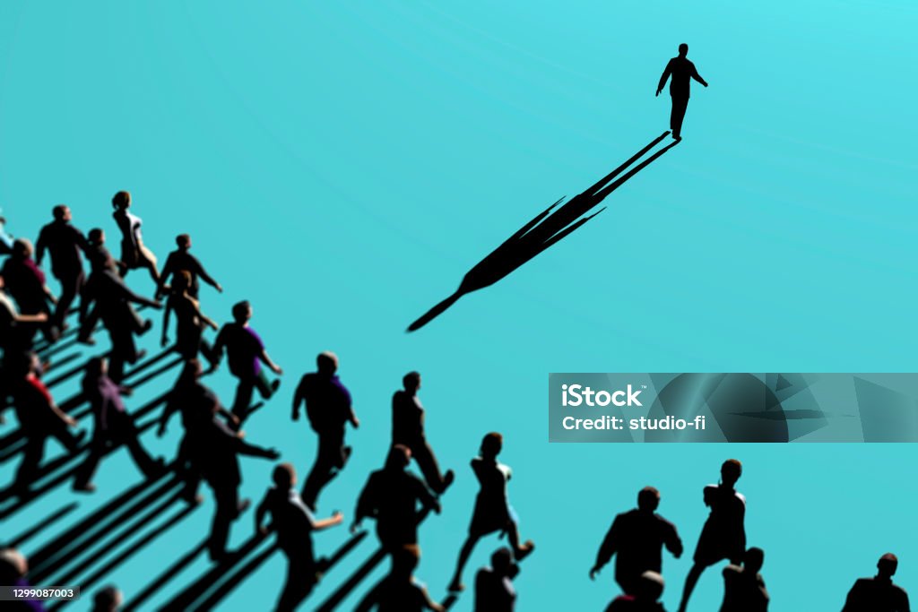 Standing out in a crowd 3d render Single person away from the crowd standing out with dark shadows 3d render Leadership Stock Photo