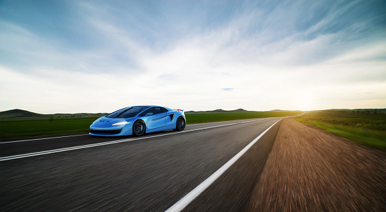 front view of fast moving generic blue sportscar, motion blur,  3D, car of my own design.