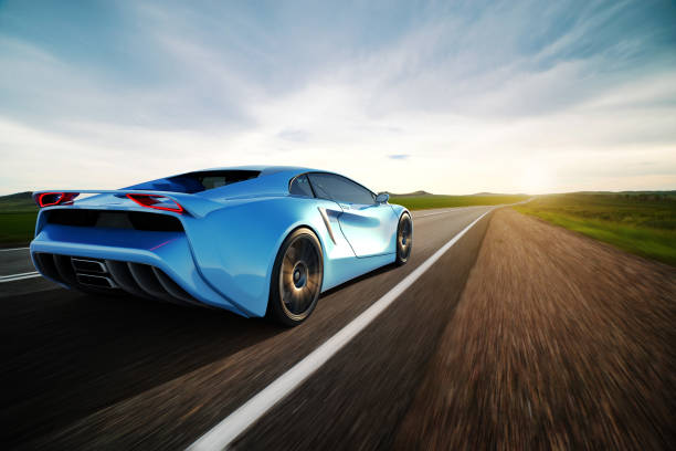 blue sportscar driving on a road rear view of fast moving generic blue sportscar, motion blur,  3D, car of my own design. sports car stock pictures, royalty-free photos & images