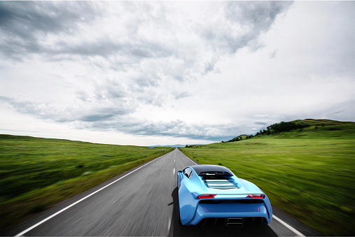 rear view of fast moving generic blue sportscar, motion blur,  3D, car of my own design.