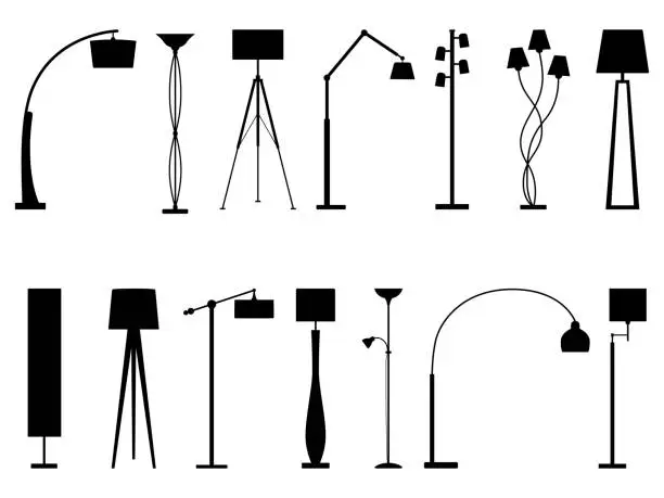 Vector illustration of Set of silhouettes of floor lamps, vector illustration
