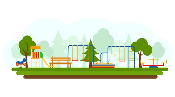 Vector illustration of Kids playground with playing equipment, vector illustration. Flat style
