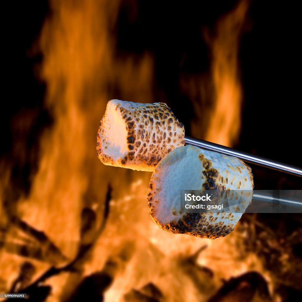 Marshmallows roasting near a fire for smores Two marshmallows being roasted over a campfire to make smores Smore Stock Photo