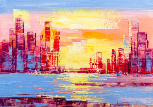 ilustrações de stock, clip art, desenhos animados e ícones de artistic painting of skyscrapers. abstract style. cityscape panorama. - painted image night abstract backgrounds