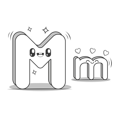 Letter M kawaii style black and white. Character of the alphabet