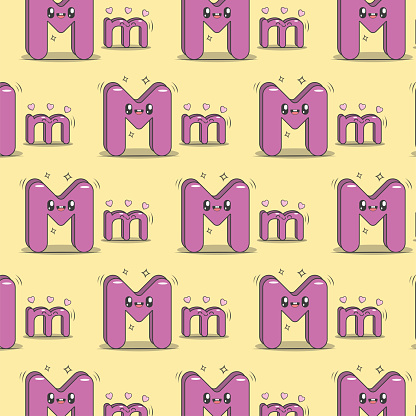 Letter M kawaii style pattern. Character of the alphabet