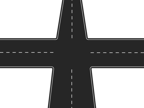 ilustraciones, imágenes clip art, dibujos animados e iconos de stock de carretera de cuatro vías. carretera negra con intersección y marcas blancas de tráfico. - calle de empalme