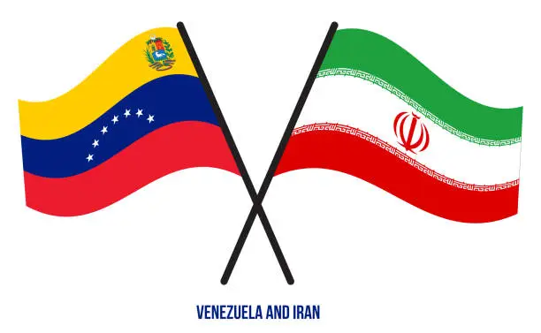 Vector illustration of Venezuela and Iran Flags Crossed And Waving Flat Style. Official Proportion. Correct Colors.