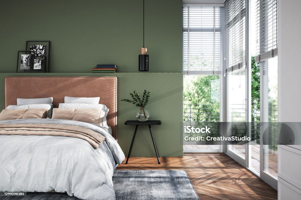 Modern bedroom interior - stock photo Modern interior of bedroom with green wall, 3d render Bedroom Stock Photo
