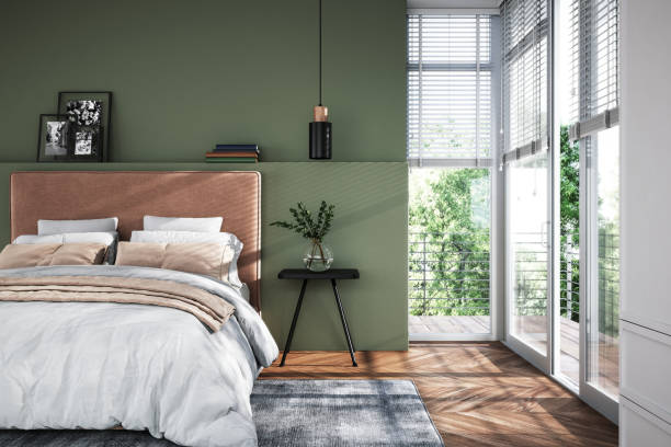 Modern bedroom interior - stock photo Modern interior of bedroom with green wall, 3d render bedding stock pictures, royalty-free photos & images