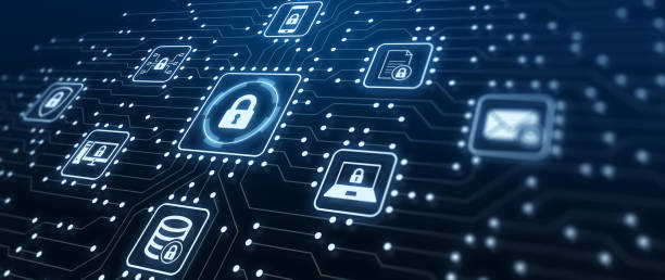 saldırılara karşı gizliliği korumak için güvenli erişime sahip i̇nternet sunucusu ağında veri koruma ve siber güvenlik. elektronik devre kartı bağlantıları ve siber güvenlik simgeleri ile i̇llüstrasyon. - cybersecurity stock illustrations