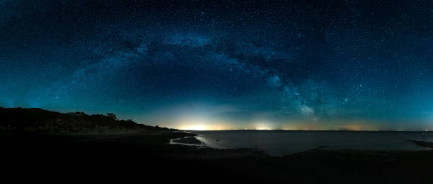 istock Amazing Panoramic Landscape view of Milky way over Night sky 1299103736