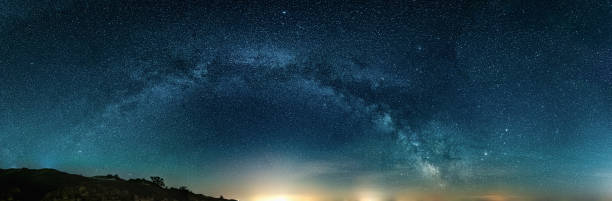 istock Amazing Panoramic Landscape view of Milky way over Night sky 1299104344