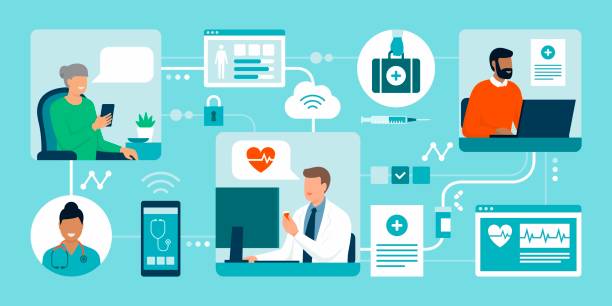 ilustrações, clipart, desenhos animados e ícones de pacientes se conectando com seu médico on-line - healthcare and medicine hospital portable information device technology