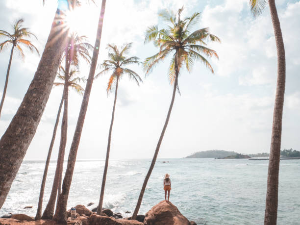 istock Woman contemplates the seascape from rock 1299104566