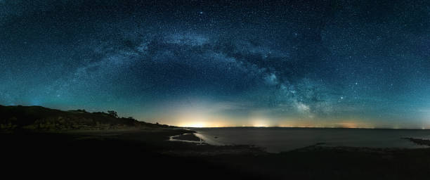 istock Amazing Panoramic Landscape view of Milky way over Night sky 1299104823