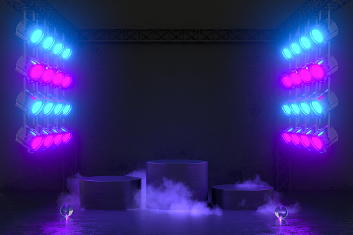 3d rendering of Empty Product Stand, Platform, Podium, Exhibition Background with Neon Spot Lights.