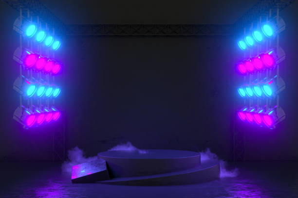istock Empty Product Stand, Platform, Podium, Exhibition Background with Neon Spot Lights 1299104908