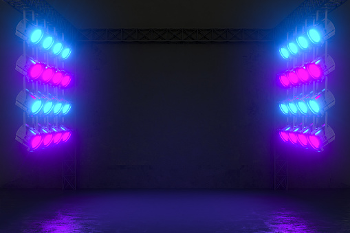 3d rendering of Empty Exhibition Background with Neon Spot Lights.