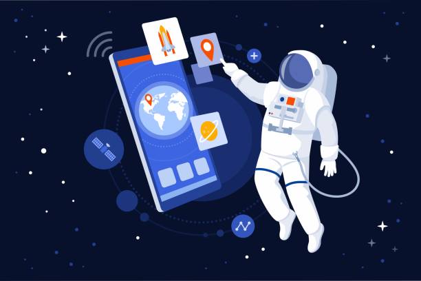 ilustraciones, imágenes clip art, dibujos animados e iconos de stock de astronauta usando navegación gps en su teléfono inteligente - astronaut