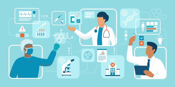 ilustraciones, imágenes clip art, dibujos animados e iconos de stock de investigación sanitaria y médica innovadora - laboratory healthcare and medicine research medical exam
