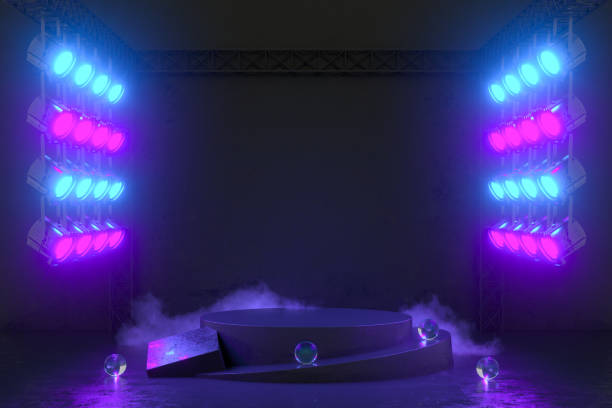 istock Empty Product Stand, Platform, Podium, Exhibition Background with Neon Spot Lights 1299105295