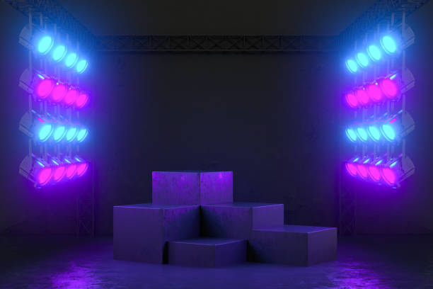 istock Empty Product Stand, Platform, Podium, Exhibition Background with Neon Spot Lights 1299106364