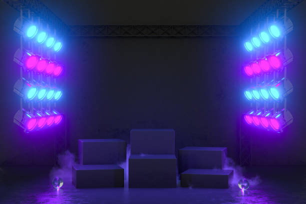 istock Empty Product Stand, Platform, Podium, Exhibition Background with Neon Spot Lights 1299106519