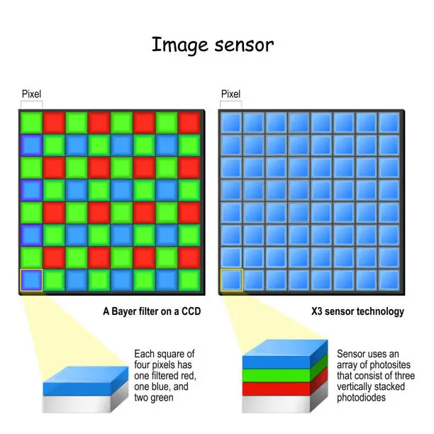 Vector illustration of X3 sensor technology, and Bayer filter