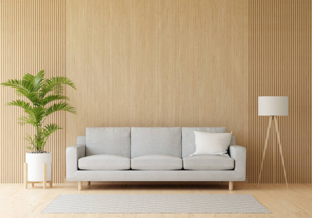istock Gray sofa in wooden living for mockup, 3D rendering 1299107151