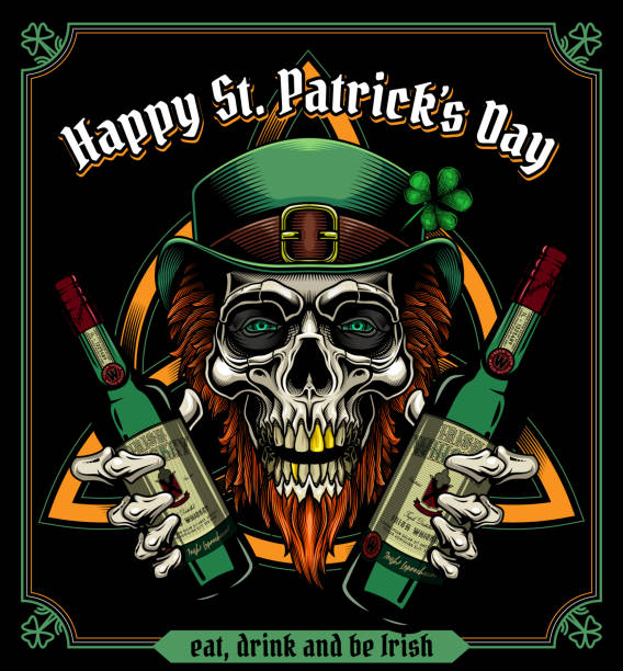 "Happy St. Patrick's Day. Eat, drink and be Irish". - greeting card design. Vector illustration of bearded leprechaun skull with bottles of whiskey in his hands in engraving technique. celtic shamrock tattoos stock illustrations