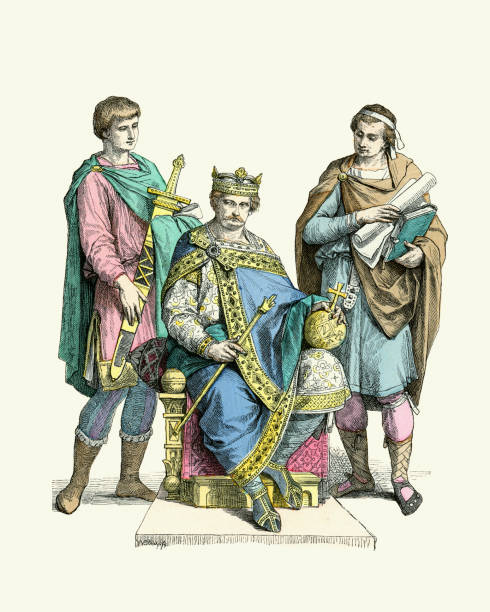 karol łysy, historia wczesnośredniowiecznej mody 9-wiecznego króla zachodniej francii, cesarza imperium karolingów - francia stock illustrations