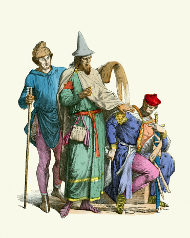 Vintage illustration of a Common man, Jewish man and knight 12th Century, History of medieval fashion